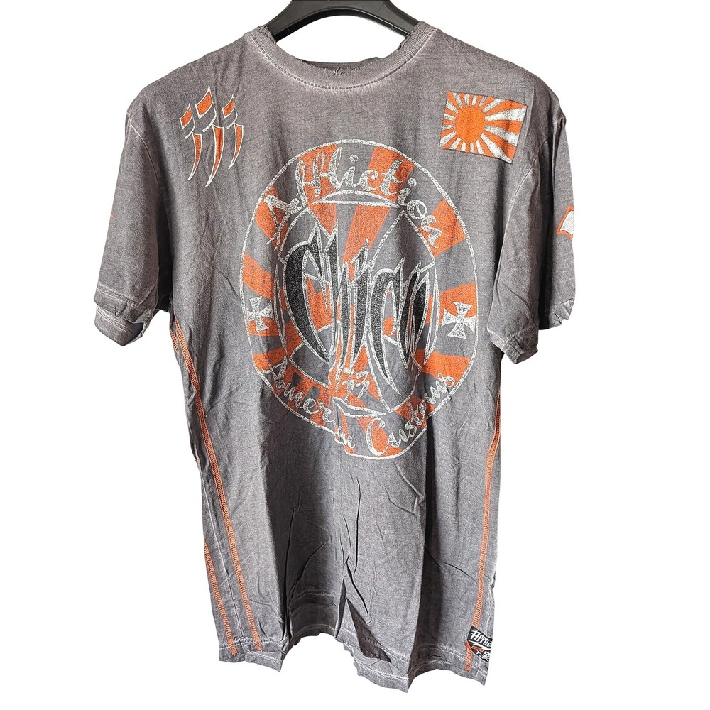 Affliction T Shirt Mens XL Gray Orange Chica Cycles American Customs Biker Y2K